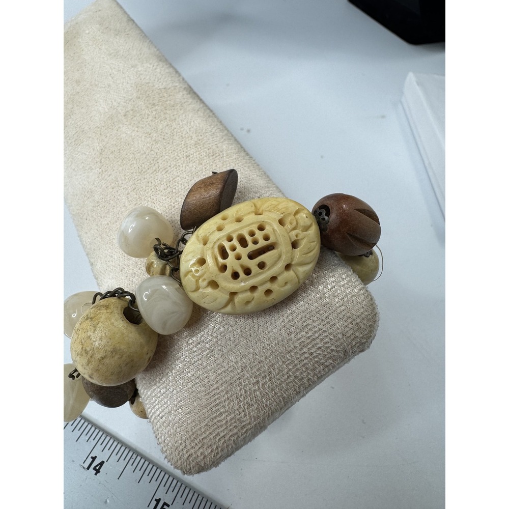 Vintage Chunky Boho Charm Bracelet Carved Bone Style Wood Stone Beads Earthy